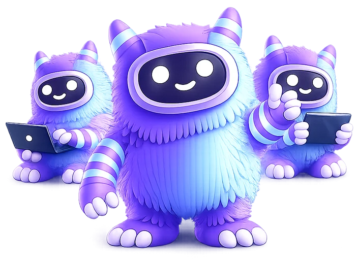 Three Rilos: furry purple characters with visor faces, two working on a laptop and a tablet